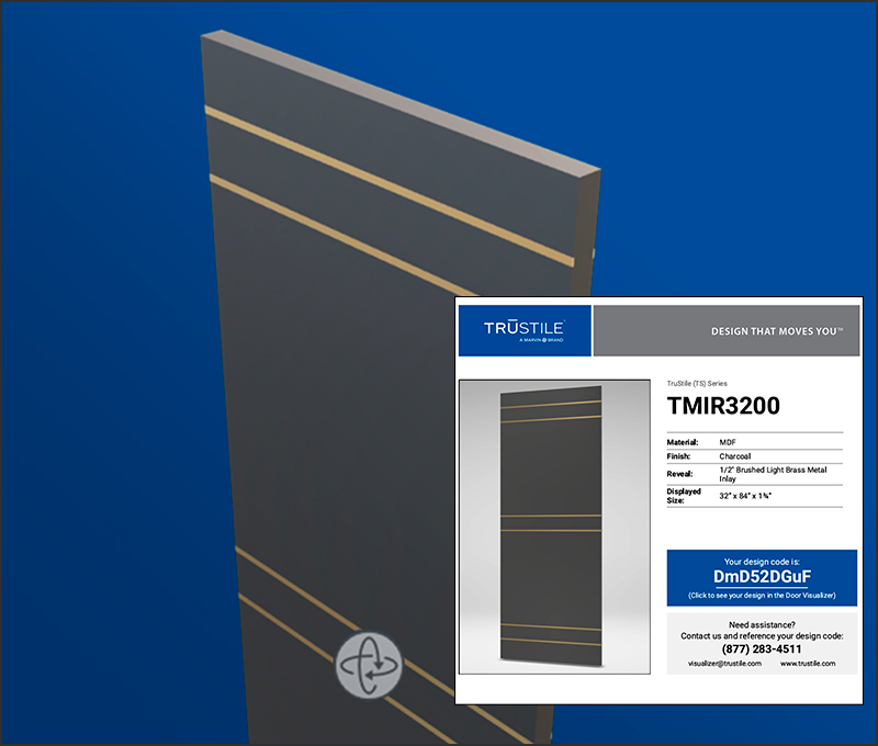 A 3D view of the TMIR3200 with metal inlays with an overlay of the door specification sheet.