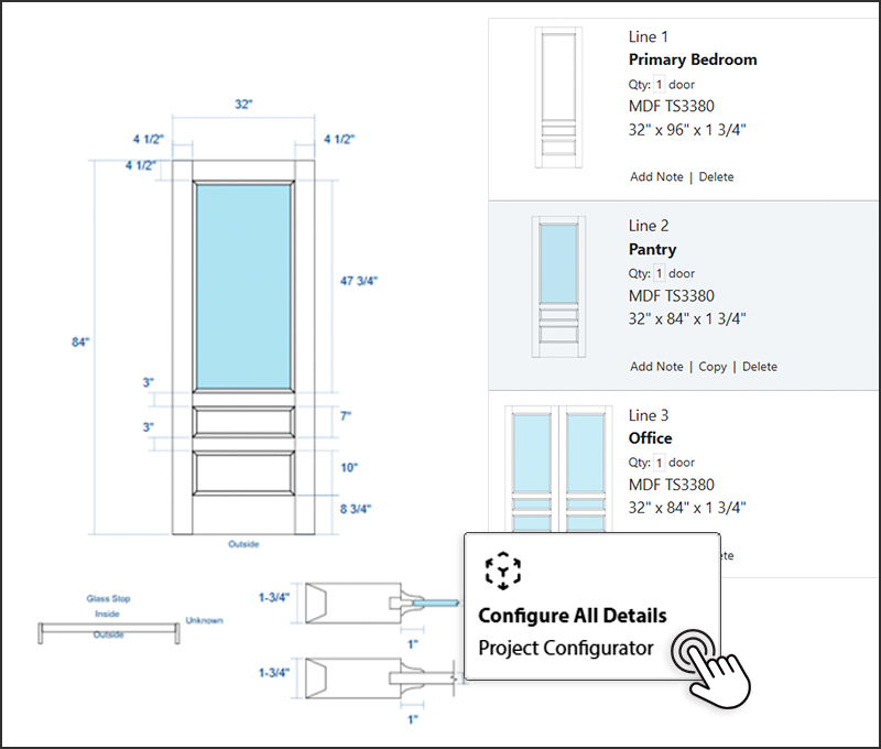 A screenshot of the Project Configurator and the 'Configure All Details' button featured in the Door Visualizer.