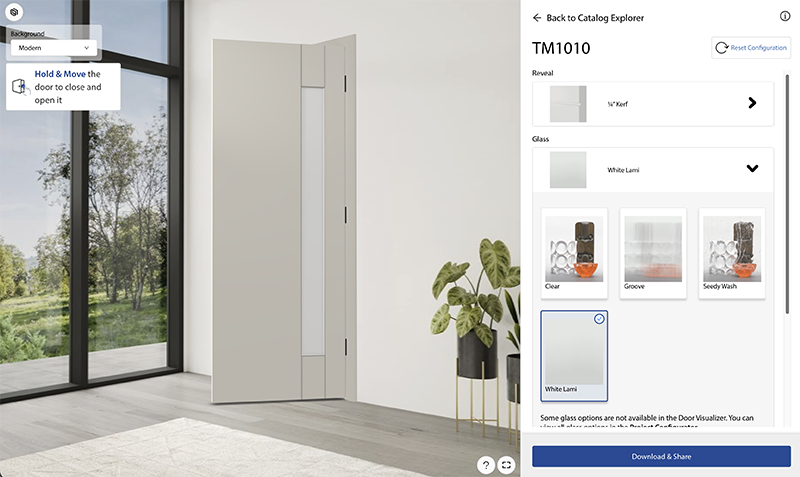 screen shot of door visualizer tool showing an TM1010 glass door