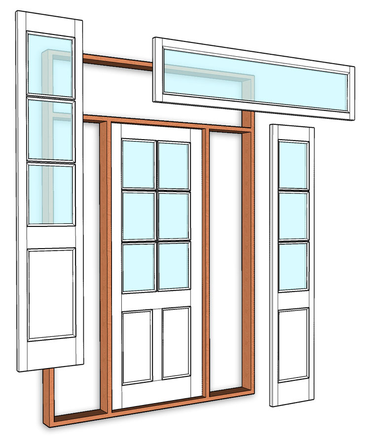 exploded diagram of ES108 frame with sidelites, transom and door