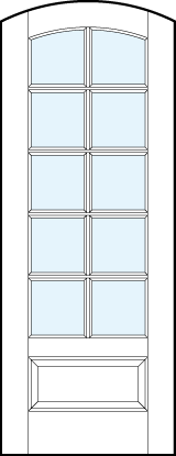 French glass arch-top front door with ten square true divided lites, slight rounded top panel arch and raised bottom panel