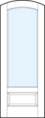 Arch top front entry glass french doors with one solid glass insert, slight rounded top panel arch and raised panel