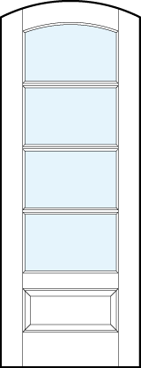 arch top interior glass french doors with four horizontal true divided lites and bottom raised panel