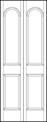 2-leaf bi-fold front entry panel doors with two sunken panels, rectangle with arch on top and small square on bottom