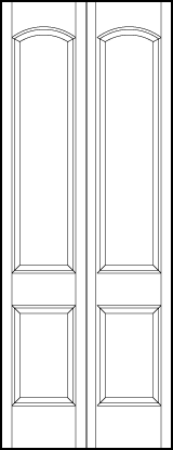 2-leaf bi-fold stile and rail front entry door with top sunken rectangle and bottom sunken square with curved top arch