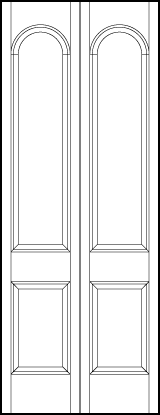 2-leaf bi-fold stile and rail front entry door with top sunken rectangle and bottom sunken square with radius top arch