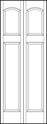 2-leaf bi-fold stile and rail front entry door with top square with curved arch and bottom rectangle sunken panels