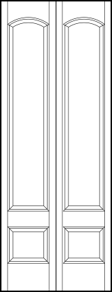 2-leaf bi-fold stile and rail front entry door with top curved arch rectangle and small bottom horizontal sunken panels