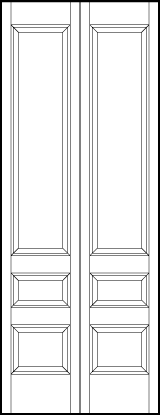 2-leaf bi-fold stile and rail front door with bottom medium horizontal rectangle, small center, and top sunken panels