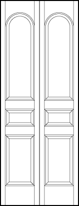 2-leaf bi-fold front entry door with sunken bottom square, horizontal center rectangle, and radius top rectangle