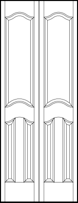 2-leaf bi-fold interior flat panel door with parallel bottom rectangle and top large rectangle sunken arched panels