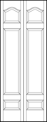 2-leaf bi-fold interior flat panel door with tall center sunken panels, small bottom and arched top panels