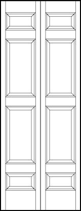 2-leaf bi-fold stile and rail interior wood doors with two center square panels and tall top and bottom rectangle panels