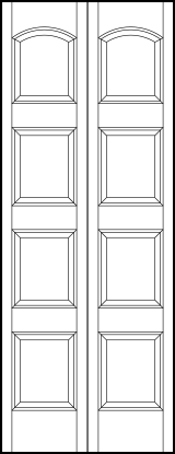 2-leaf bi-fold stile and rail interior wood doors with four equal sized sunken panels and arched top panel