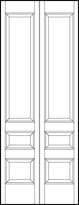 2-leaf bi-fold stile and rail interior wood doors with three tall vertical panels and two bottom horizontal sunken panels