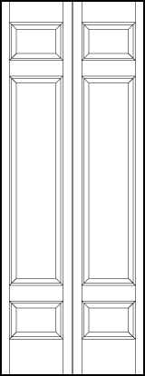 2-leaf bi-fold stile and rail front entry wood doors with small top and bottom squares and tall center sunken panels