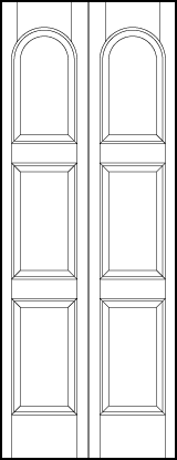 2-leaf bi-fold stile and rail interior wood doors with three vertical rectangle sunken panels and radius top panel