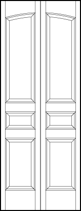 2-leaf bi-fold stile and rail interior wood doors with three vertical rectangle sunken panels and curved top panel