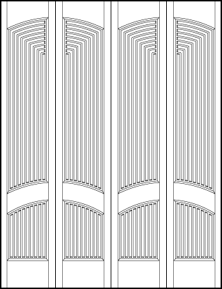 4-leaf bi-fold stile and rail art deco custom interior doors with two forced perspective vertical tambour arched panels