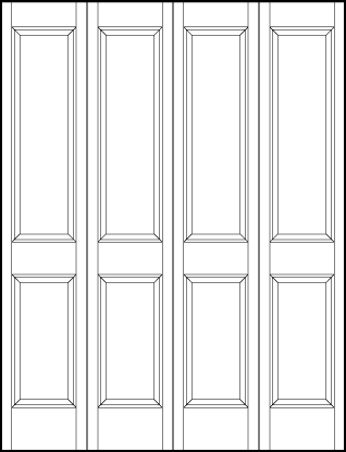 4-leaf bi-fold front entry custom panel doors with two sunken panels, one rectangle on top and one square on bottom