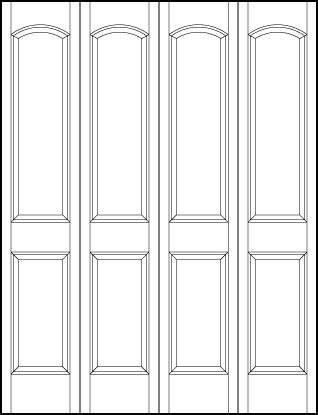 4-leaf bi-fold front entry panel doors with two sunken panels, one rectangle and arch on top and one square on bottom