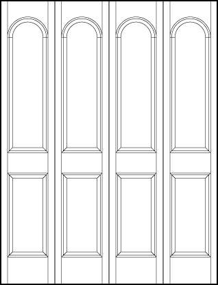 4-leaf bi-fold front entry panel doors with two sunken panels, rectangle with arch on top and small square on bottom