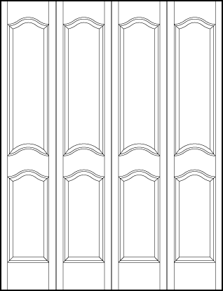 4-leaf bi-fold front entry custom panel doors with rectangle panel on top and small square on bottom all with arches