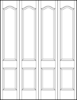 4-leaf bi-fold stile and rail front entry door with top sunken rectangle and bottom sunken square with slight top arch