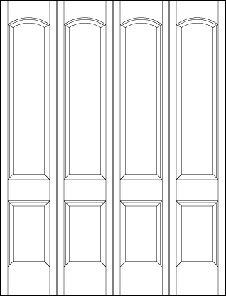 4-leaf bi-fold stile and rail front entry door with top sunken rectangle and bottom sunken square with curved top arch