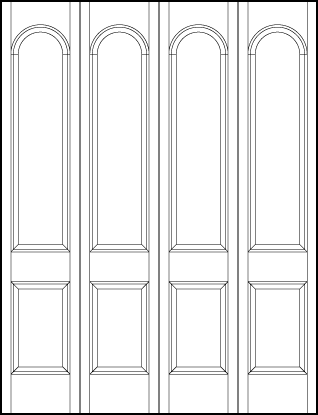 4-leaf bi-fold stile and rail front entry door with top sunken rectangle and bottom sunken square with radius top arch