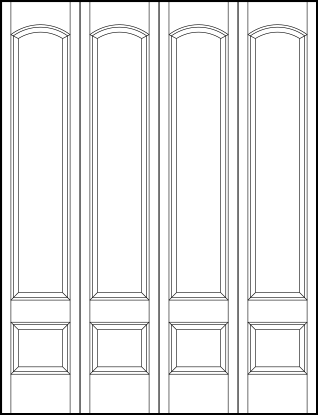 4-leaf bi-fold stile and rail interior door with top curved arch rectangle and small bottom horizontal sunken panels