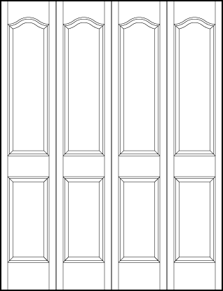 4-leaf bi-fold stile and rail interior door with two sunken rectangle and large top sunken panels with slight arch top