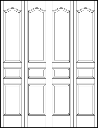 4-leaf bi-fold stile and rail interior door with bottom square, horizontal center and top rectangle with slight top arch