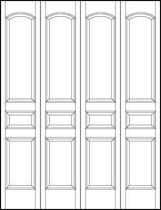 4-leaf bi-fold stile and rail interior door with square bottom, horizontal center, and top arched rectangle sunken panels