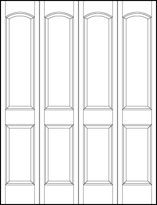 4-leaf bi-fold stile and rail interior door with two bottom rectangle panels and large top panel with curved arch