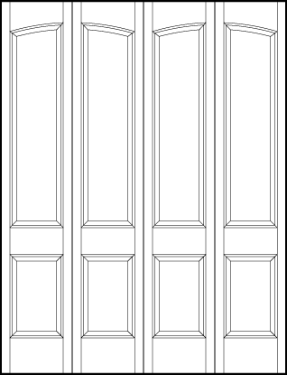 4-leaf bi-fold stile and rail interior door with large bottom square and two tall arched rectangle panels on top