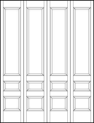4-leaf bi-fold stile and rail front door with bottom medium horizontal rectangle, small center, and top sunken panels