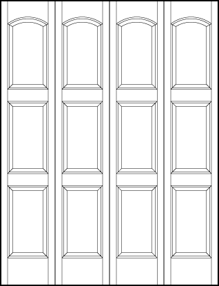 4-leaf bi-fold stile and rail interior door with three sunken square panels with top curved arch