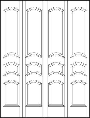 4-leaf bi-fold stile and rail interior door with square bottom, middle small rectangle, and large top arched panels