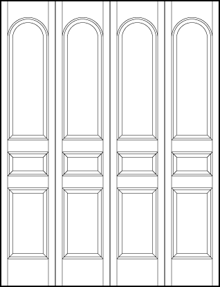 4-leaf bi-fold front entry door with sunken bottom square, horizontal center rectangle, and radius top rectangle
