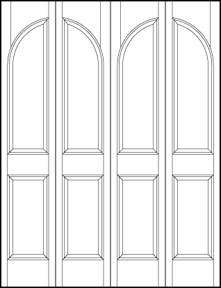 4-leaf bi-fold interior door with radius top vertical rectangle on top and two parallel vertical rectangles on bottom