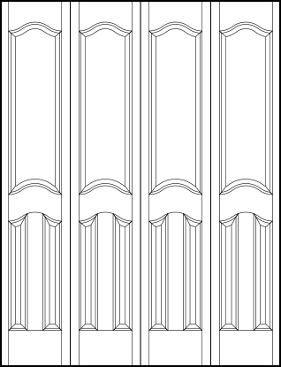 4-leaf bi-fold interior flat panel door with parallel bottom rectangle and top large rectangle sunken arched panels