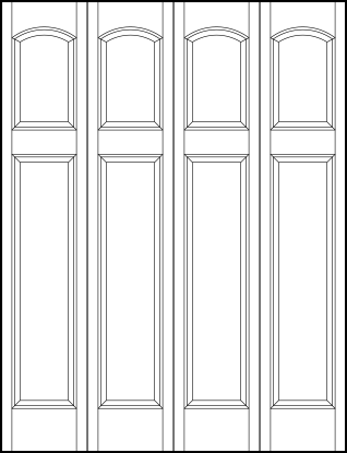 4-leaf bi-fold front entry flat panel door with curved arch top square and sunken vertical tall bottom rectangles