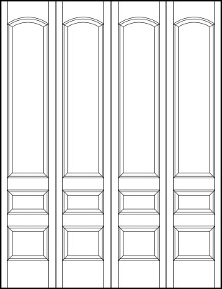 4-leaf bi-fold interior flat panel door with curved tall top rectangle, center small and bottom medium sunken rectangles