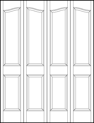 4-leaf bi-fold interior flat panel door with tall arch top and medium vertical sunken rectangle panels