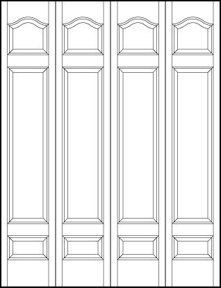 4-leaf bi-fold interior flat panel door with tall center sunken panels, small bottom and arched top panels