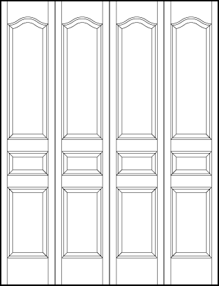 4-leaf bi-fold interior flat panel door vertical slight arch top panel, horizontal center and square bottom sunken panels