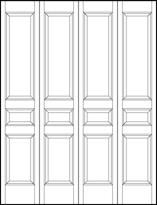 4-leaf bi-fold stile and rail front wood doors with large top panel, horizontal center, and short sunken vertical bottom