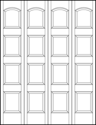 4-leaf bi-fold stile and rail interior wood doors with four equal sized sunken panels and arched top panel