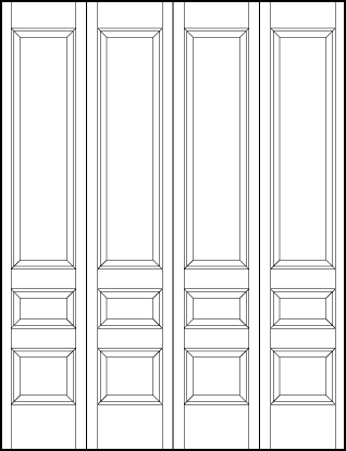 4-leaf bi-fold stile and rail interior wood doors with three tall vertical panels and two bottom horizontal sunken panels